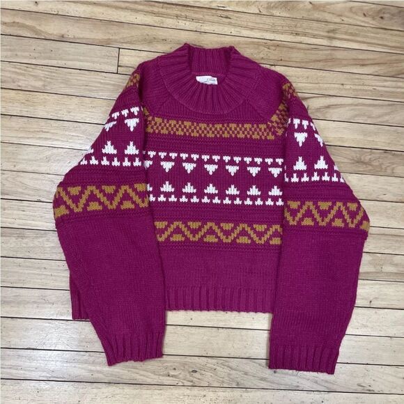 UNIVERSAL THREAD Crop Sweater Women Magenta Knit Mock Neck Gran Fair Isle L Geo - Picture 9 of 16